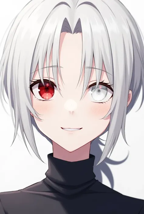  A short white-haired male anime character with a ponytail and bangs, Long black shirt, a white eye and a red eye 
Close face image 
Smiling with a canine tooth sample 