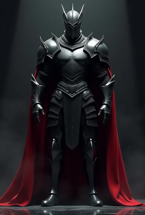  A knight in black armor and wearing an armour helmet, muscular red cape  