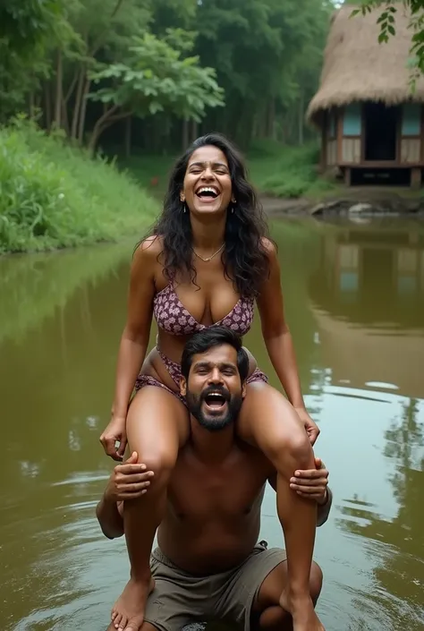 The Malayali woman sits on her servants  shoulder, women age is 30, large breasts, Wearing micro bikinis, Black Hair, full figure, Drunk, walking, reverse shoulder ride, wearing shoes , old ponds, singing,  close up, dancing, realistic photos, real, holdin...