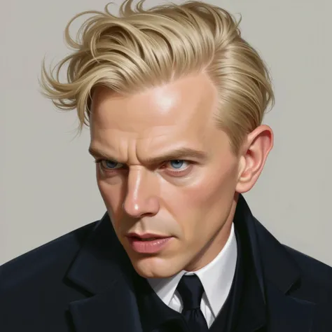 Blond man with very fair glowing skin, ojos azules,  intimidating look, elegant suit.