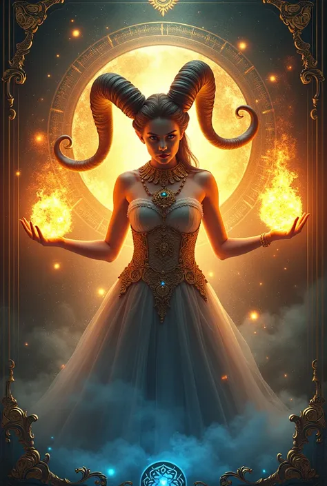 Digital art by wlop and artgerm in the style of book cover illustrations of the Crystal Throne , the Aries sign in human form with fireballs in his hand and a golden overlay of magical blue lighting