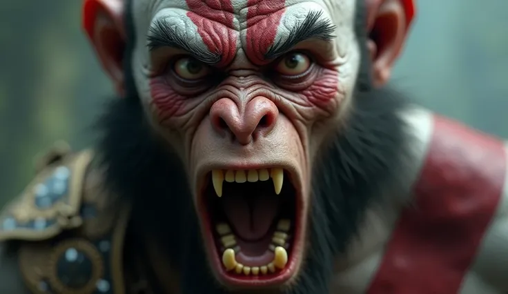 a close up of a person with an open mouth, film still from god of war, monkey king, japanese vfx, movie screenshot, fisting monk, cgi cutscene, japanese cgi, sam hyde in god of war 4, wukong, in screenshot from the 300 movie, movie cgi, highly detailed vfx...