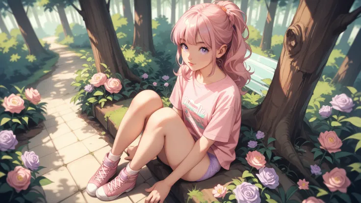 rating_safe, score_9, score_8_up, score_7_up, source_anime, masterpiece, best quality, solo, 1girl, (she is wearing pastel pink shirt, pastel purple panties),(sitting legs straight, above view), forest and flower,