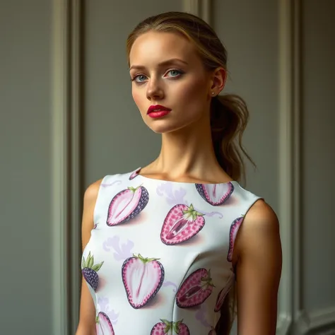  Fashion photograph of midi dress, the dress  have a Rapport print, The pattern several strawberries divided in half ,  outside the strawberry is porcelain inside is marble. Modelo HD, Alta qualidade, Super detalhe, Skin texturizada, 