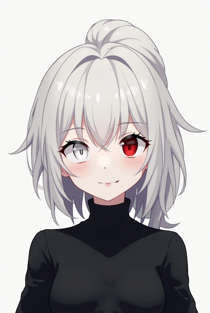 An anime character from short white hair with a ponytail and with fringe , Long black shirt,  one white eye and one red eye 
Close face image 
Smiling with a canine tooth sample 
Homen