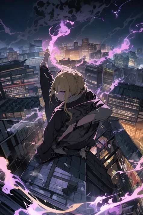  Himiko Toga stretches and bends, smoke, on the roof, buildings, Night, world, billboards , 