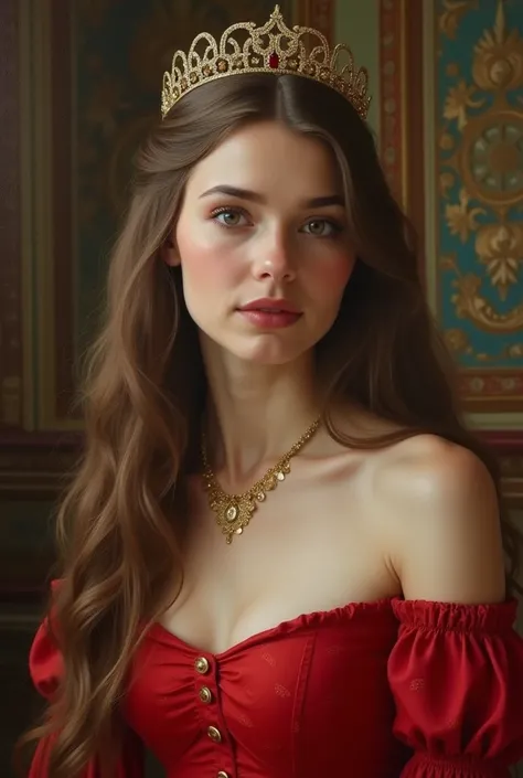 realistic oil painting, She is Russian,  porcelain skin.  A woman in a palace ,  they have long brown hair and brown eyes ,  wears a bright red dress , with a crown, He has small freckles on his face ,  is 19 years old and very beautiful .  She has hunters...