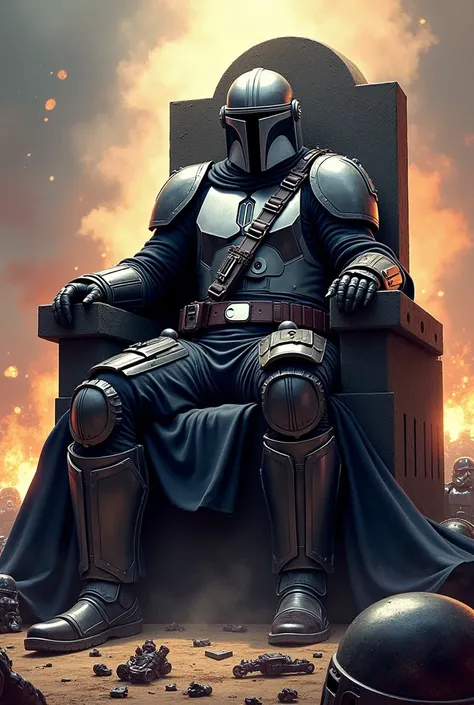 I want you to do Mando from the Mandalorian series with dark armor, sitting on a throne above a heap of dead bodies with pieces of a Death Trooper helmet., etc. Je veux que l’image soit dans le style des comics de star wars. I want us to notice the superio...