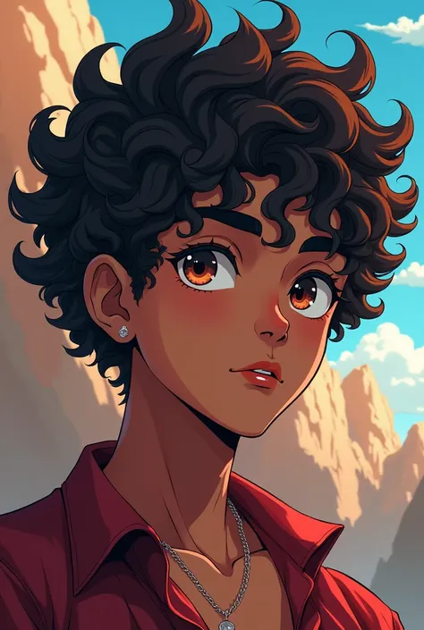 Create a half black half Asian man with curly hair in anime style