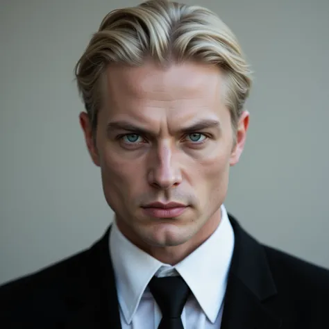  Blond man with very fair glowing skin and blue eyes,  intimidating look, elegant suit, perfect facial details ,  high resolution ,  Precise, Detail,  Anatomically correct, UHD,