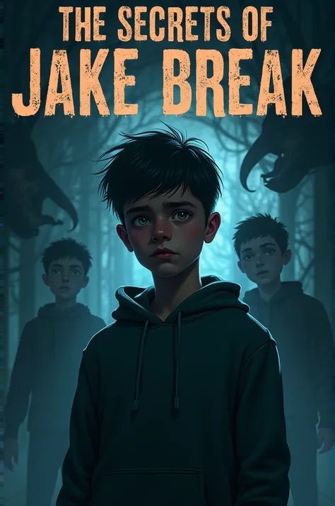 Create a cover for a horror story titled The Secrets Of Jake Break with a title on the image written The Secrets of Jake Break, with very clear letters and words, you can add a teenage boy surrounded by silhouettes of supernatural creatures too. Remember o...