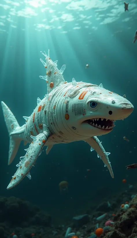 A highly realistic depiction of an evolved shark, transformed by prolonged exposure to plastic waste in the ocean. Its body showcases a fusion of natural shark features and synthetic materials, with parts of its skin resembling the texture of translucent p...