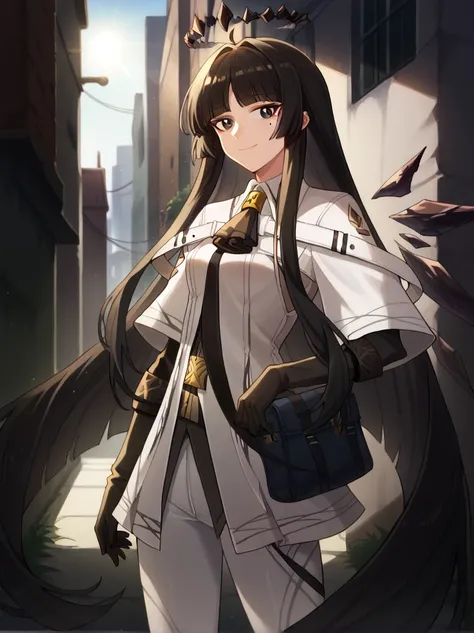 score_9, score_8_up, virtuosa-arknights, 1girl, solo, black hair, black gloves, smile, very long hair, mole under eye, elbow gloves, multicolored hair, detached wings, black eyes, blunt bangs, white suit, white jacket, white pants, outdoors, sunlight, city...