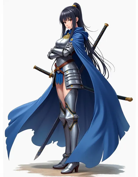 Realistic anime style illustration, thin, short woman, long straight hair, Japanese, wearing knight armor, royal blue cape, Holding Katana arms crossed on back looking to the side