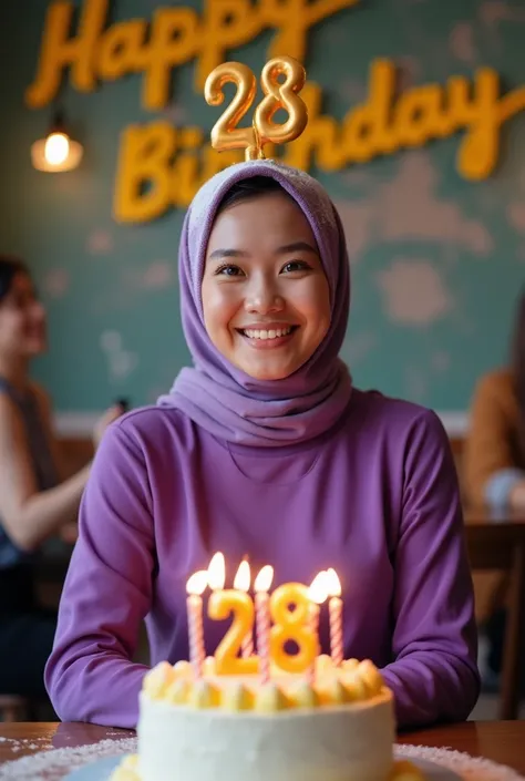  A beautiful woman in an Indonesian hijab dressed in unggu covered ngames was celebrating her birthday in a cafe. He was surprised by a beautiful Indonesian woman sprinkling flour and eggs on the womans head.brand facing front camera.  The expression on he...