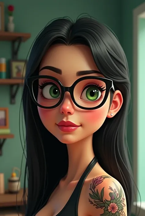  Pixar-style poster of a 39-year-old woman white skin green eyes she wears black glasses ,  her hair is smooth black long she has a tattoo of Alice in Wonderland on her right arm, She is curvaceous , 1,67 cm high , A mature man has climbed 42 years old hai...