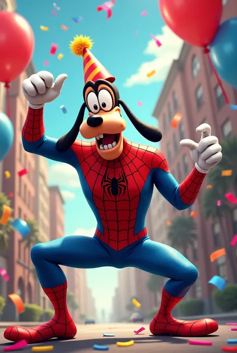 Create different graphics for a party combining the Disney character Goofy disguised as Spiderman