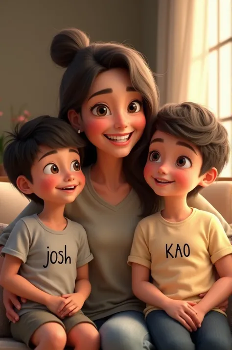 A mom named Lizz with a boy named Josh and a girl named Kao who each have a name on their shirts 