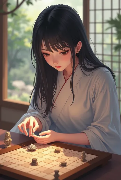 Japan Shogi、A woman staring at a shogi board。 beautiful。Holding a piece。 anime style。