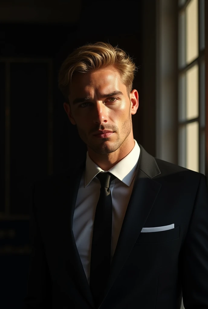  a close up of a handsome and elegant blond European man ,  in a suit looking at the camera on the left side dark room ,  dark blackened left side , On the right side, sunlight illuminates his face and vertical shadows from the window hit his face,  poses ...