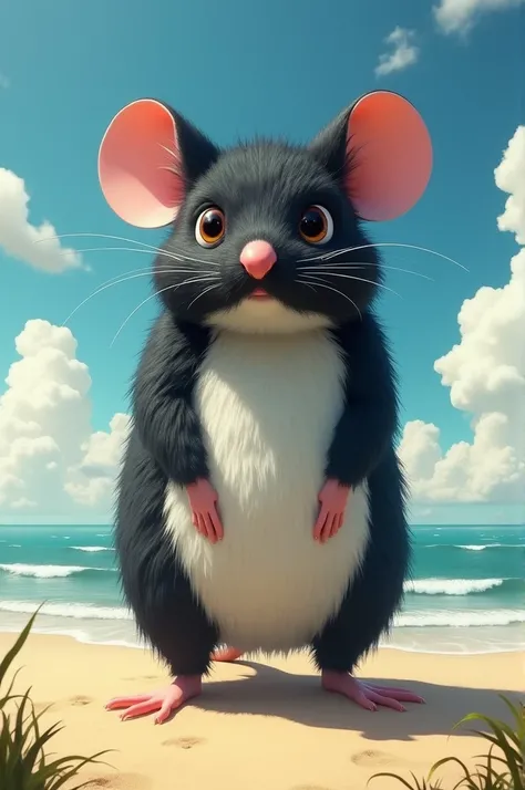 Giant black-and-white-haired mouse on the beach on a blue day 