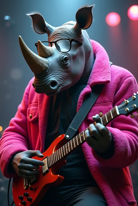 a rhino with glasses and a pink coat plays Hard rock guitar