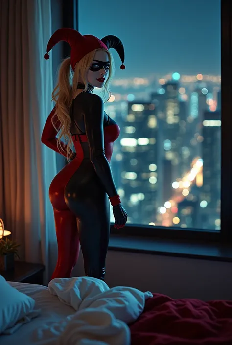 Penthouse bedroom night, Gotham city can be seen outside of the windows, Harley Quinn is standing in the doorway to the bedroom. viewer is laying on bed looking at Harley, Hq1992, Harley Quinn, white skin, domino mask, blue eyes, red lips, jesters hat, ful...