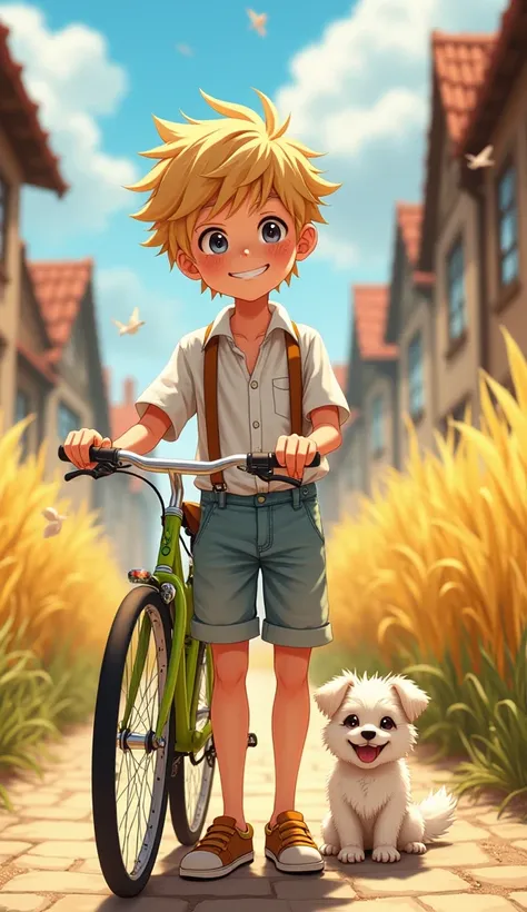 "Anime-style artwork of a cheerful young boy with tousled blonde hair, freckles, and a mischievous smile. He is wearing a casual, summery outfit: a loose white shirt, light denim shorts, and suspenders. The boy is standing on a cobblestone street in a quai...