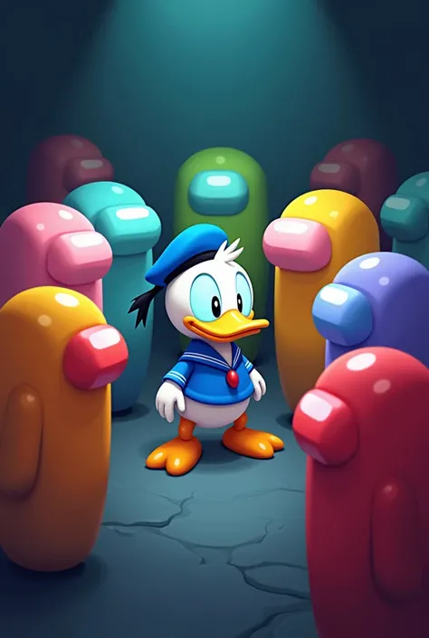 character of "Among us"  who is an impostor using the Donald Duck . Y que esté rodeado de los otros personajes Among us de color rosa claro, green, five, Cyan, magenta, cherry, orange, yellow, red, blue, banana, negro, grey and brown 