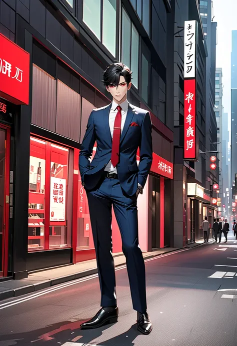  black hair,  sharp eye, Lewd Eyes, male　  red eyes　 short hair　  handsome, ,  business suit　Portraiture　whole body　Around town　Regular tie red