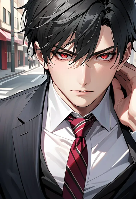  black hair,  sharp eye, Lewd Eyes, male　  red eyes　 short hair　  handsome, ,  business suit　Portraiture　whole body　Around town　Regular tie red