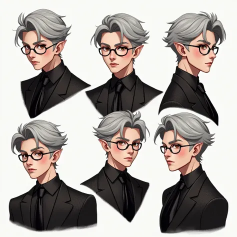 Pointed ears, multiple views,  Simple Background , gray hair, Brown eyes,  High Resolution, Single,  man，young，Black Striped Shirt， Black Frame Round Glasses， black tie ，3D Characters