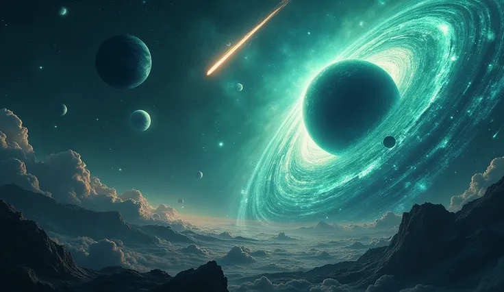 An awe-inspiring image of a vast star system with planets in orbit around a bright blue and green gas giant. A comet passes through, creating a trail of light, symbolizing the sudden epiphanies and revelations that come with understanding Gemini. The space...