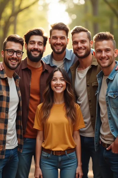 group of best friends standing next to eachother consist of six tall guy and one shorter woman. they smile happily 