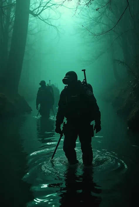 Hyperrealistic art, cinematic film, in the style of detailed photography of hyperrealism, fantasy, a team of police divers searching for a dead man in a river, bold lines, highly detailed, black, green and white color image, melancholic nocturnal, epic, re...