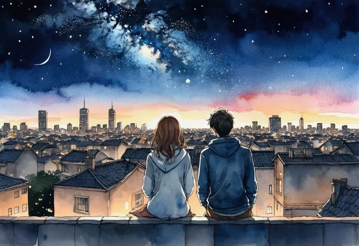 From the roof of the building、 two people sitting on asphalt and staring at the stars in the city sky,Nestle、  couples after insertion, Stargazing,   knight ,   knight  - hour, シンプルな illustrations,   knight 間,  Line Art,  and I look up at the stars,   knig...