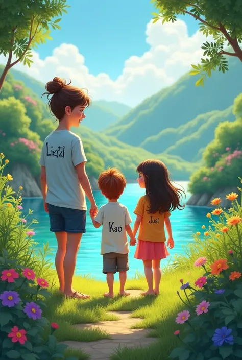 Beautiful landscape with natural colors wherever you are A mom named Lizz with a boy named Josh and a girl named Kao with names on their shirts that are Latin

