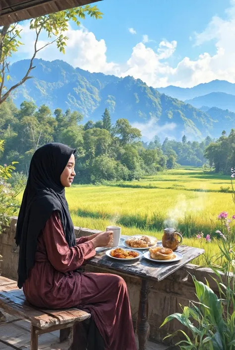 A beautiful malaysian woman in 47 years old wearing  black long hijab and a maroon dress sitting on a bench on her balcony malaysian house while smiling looking a beautiful view in front of her and enjoy her breakfast, she looks so calm, in front of her th...