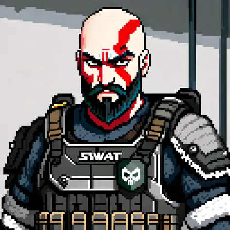 A SWAT with a Kratos beard, a serious expression, and a male gender