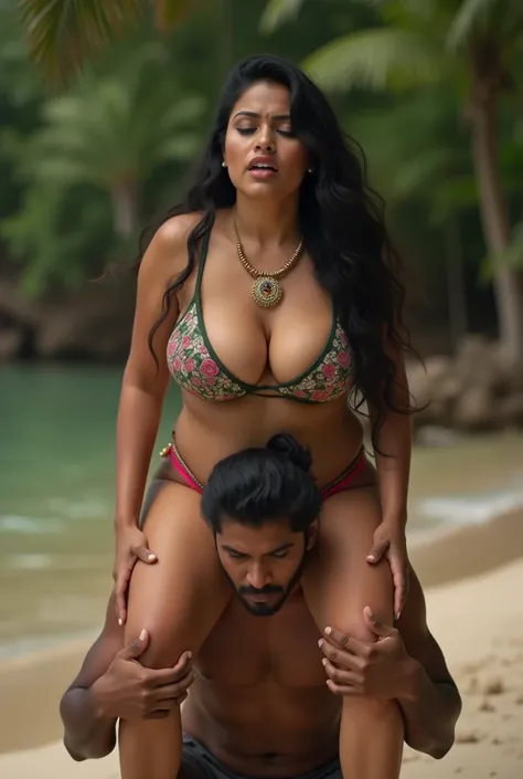 The Malayali woman sits on her servants  shoulder, women age is 30, large breasts, Wearing salvar, micro bikinis, Black Hair, full figure, Drunk, walking, reverse shoulder ride, wearing shoes , singing,  close up, dancing, realistic photos, real, holding h...