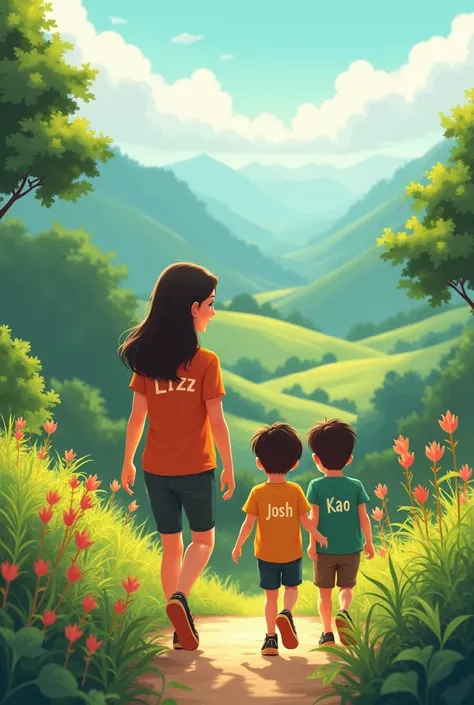 Beautiful landscape with natural colors wherever you are A mom named Lizz with a boy named Josh and a girl named Kao with names on their shirts 

