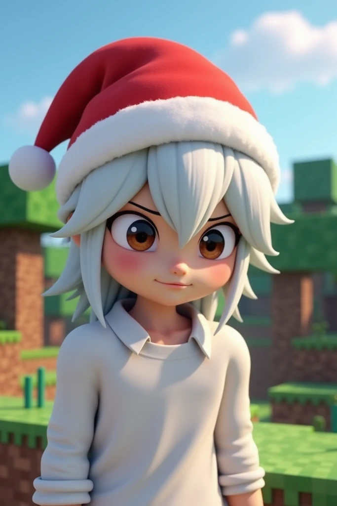 Character with eye band, white hair, white shirt and Christmas hat.Minecraft