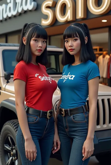 Hiperealistis.2 indonesian Women with waist-leng black hair with bangs . Their hair was cornrow hair style. She has fair skin and slim figure, long slender legs, and ideal proportions, brown eyes. Wearing a red and blue t shirt with the name "Sandra" "Ney"...