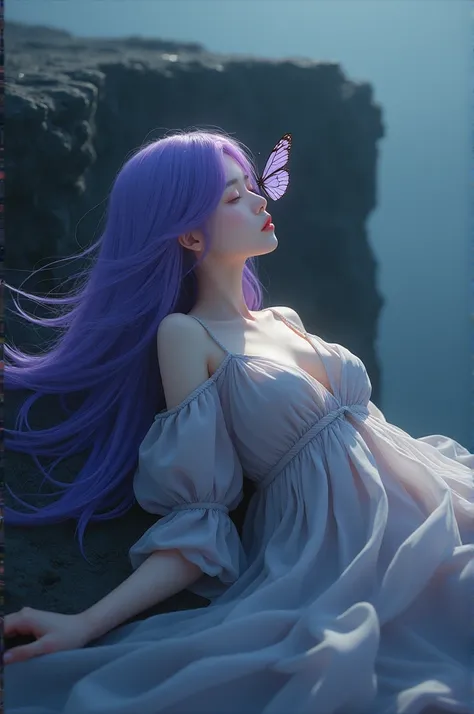 Imagine a young Korean woman, Her long purple hair falls gently on her shoulders, Extends to waist.  The vivid color of her hair and the gloomy landscape around it forms a vivid contrast .. She is wearing a pastel colored dress, Combination of white and gr...