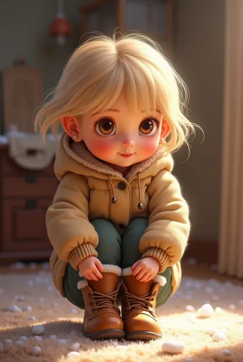 Petite fille blonde de deux ans. Yeux bruns. She puts on her boots after putting on her winter pants.