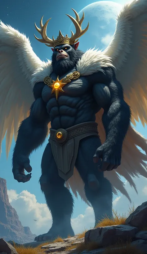 Solo, male, handsome, monsterous, king, crown, cape, armor, fluffy wings, glowing eyes, magic, glowing hands, omnipotent, powerful, gigantic, outerspace background, floating, looming over tiny planet, planetary size, gorilla, bear, antlers, very muscular, ...