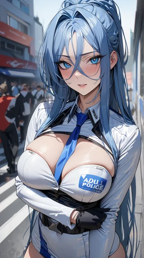 masterpiece , modern, Verism, masterpiece, super detail, best quality, 4K ,((Adult face)), woman,Wearing a white coat,Mature woman アメスク Rubia ojos azules 
Cabello azul, Plano americano, Cabello largo, Senos grandes, Ojos azules,race_queen Sexy Police 
