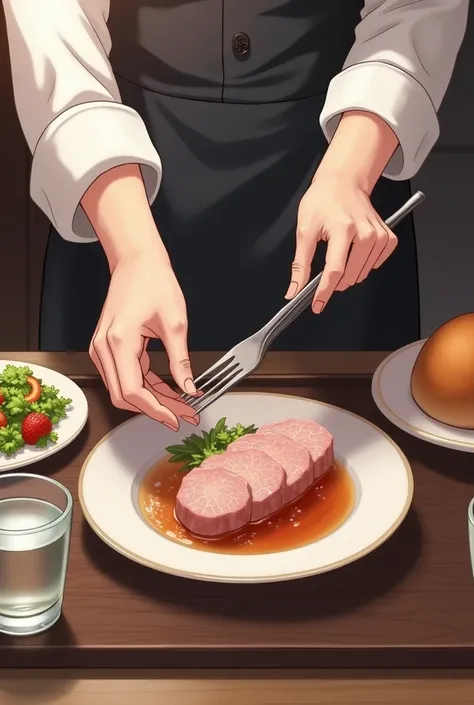 (anime) servant meal (cooked rabbit fileted meat(two medium sized pieces) a salad bread roll and water) 