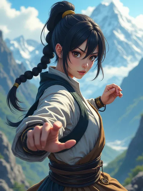 "A woman with anime features and a dramatic side braid, in a dynamic fighting pose, with realistic details in her outfit and facial expression, against a mountainous landscape background, rendered in breathtaking 4K resolution."