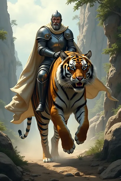 A knightly man riding a tiger rescues his hooded wife